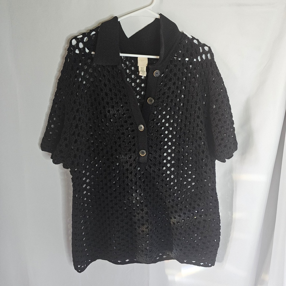 H&M Black Crochet Knit Short Sleeve Cardigan Sweater